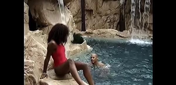  Blak guy comes up from pool to fuck ebony chick with natural boobs
